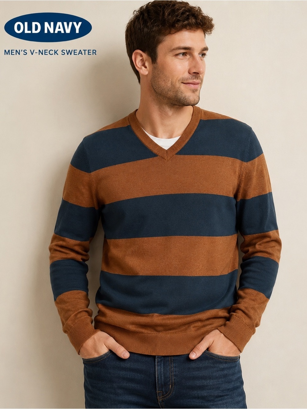 NWT Old Navy Men's V-Neck Striped Sweater in Brown & Navy Blue - 100% Cotton